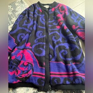 Patterned Pink and Purple Knit Cardigan Sweater Jacket  - size XL
